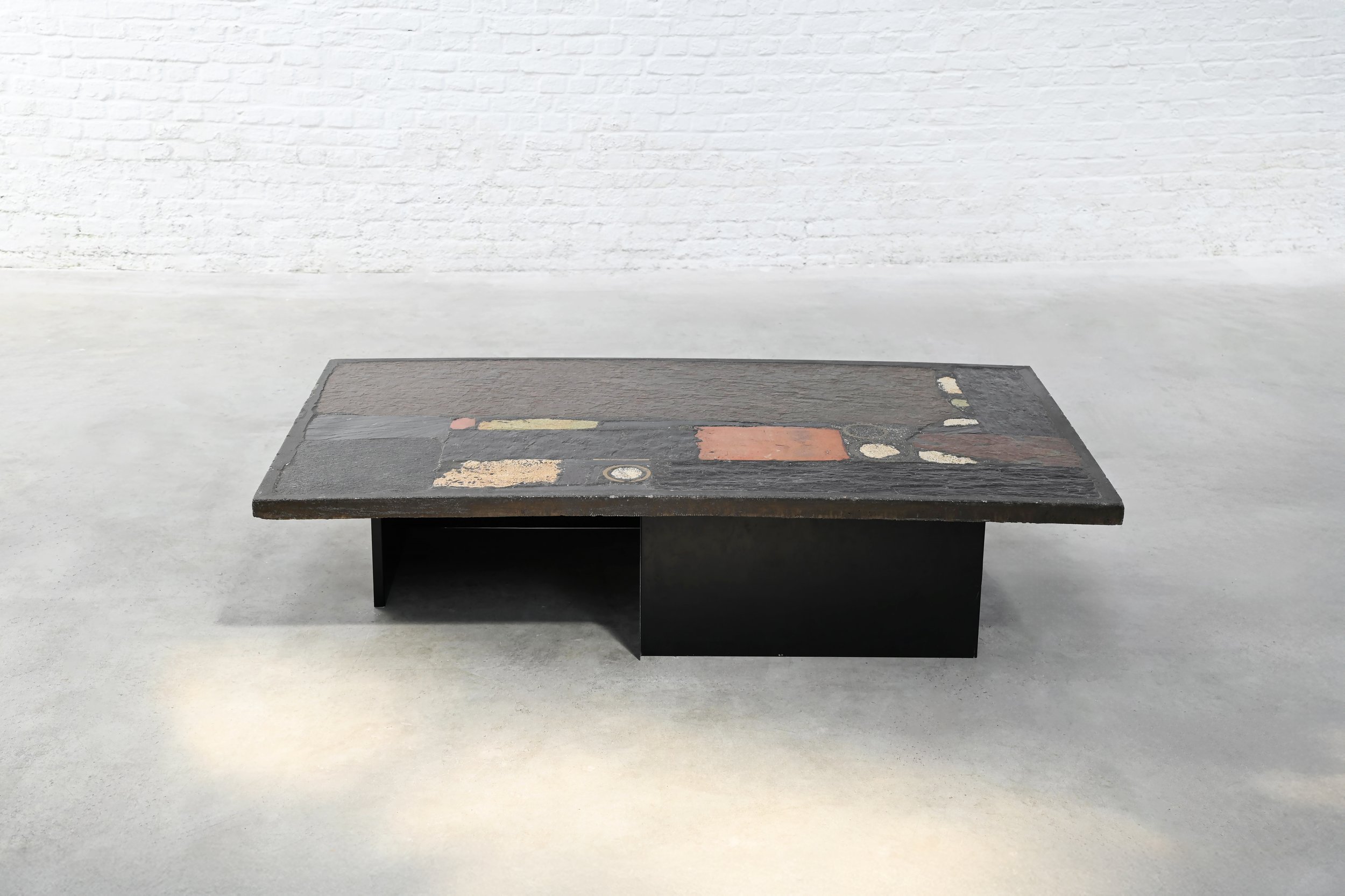 Paul Kingma Slate, Stone, and Brass Inlaid Coffee Table, 1974